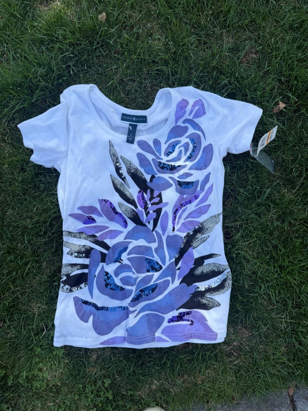 Karen Scott White T-Shirt with Purple Floral Sequin Design